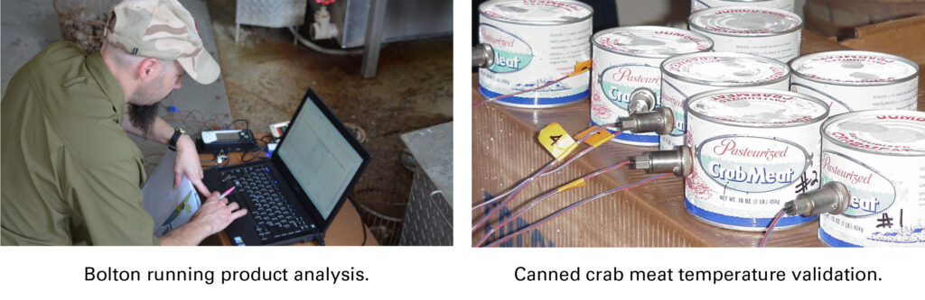 Two photos showing lab specialist testing canned crabmeat.